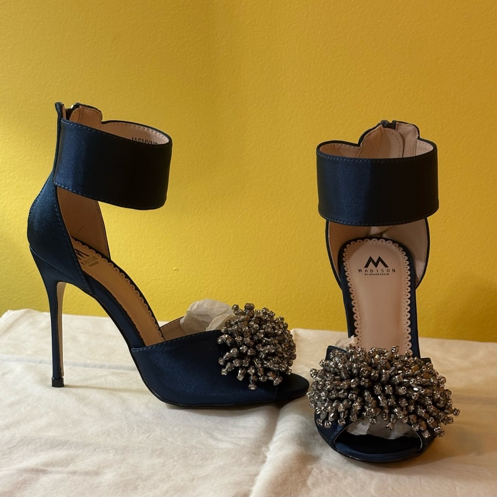 Madison Navy Crystal Cluster Ankle-Strap Stilettos